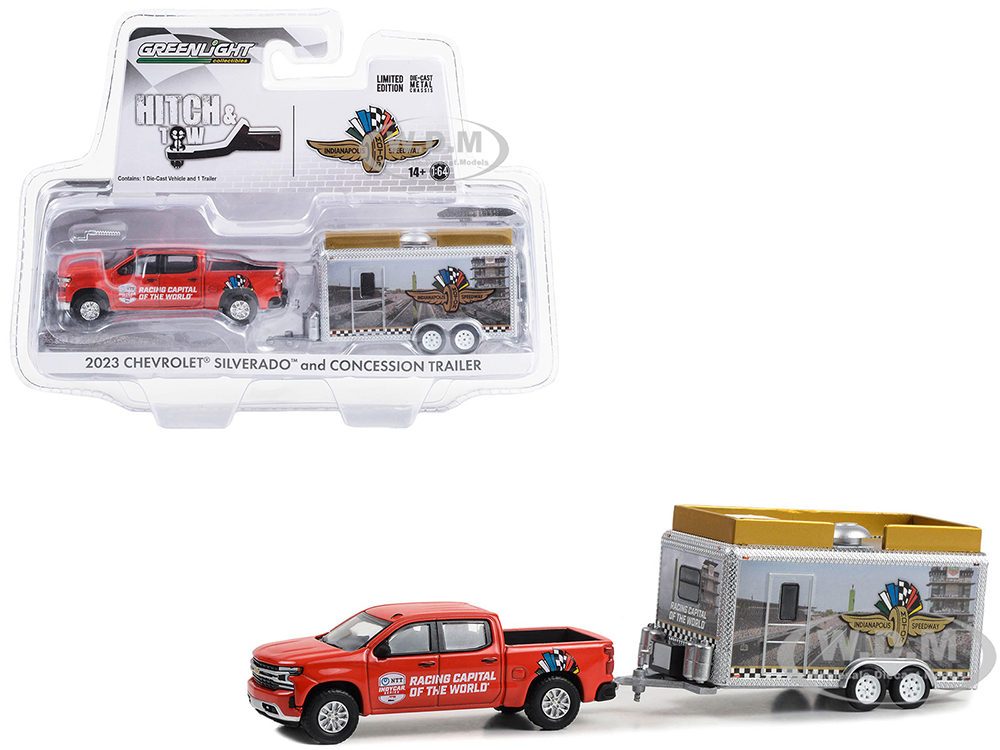 2023 Chevrolet Silverado Pickup Truck Red NTT Indycar Series and Indianapolis Motor Speedway Concession Trailer Hitch & Tow Series 1/64 Diecast Model Car by Greenlight