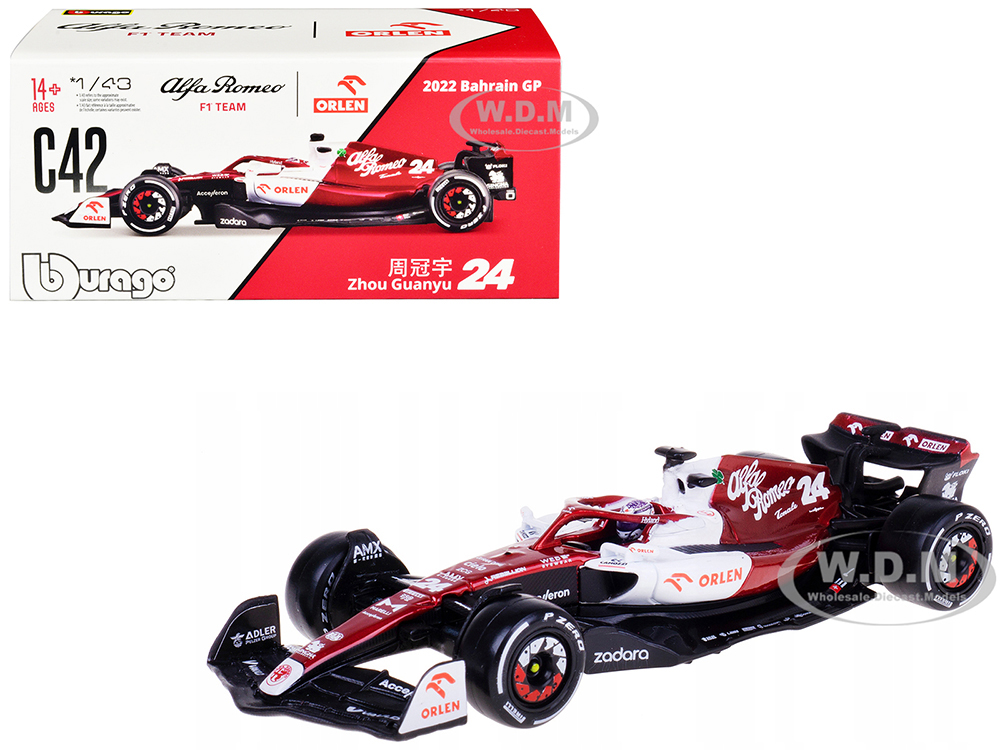 Alfa Romeo C42 #24 Zhou Guanyu F1 Formula One Bahrain Grand Prix (2022) with Display Case 1/43 Diecast Model Car by Bburago