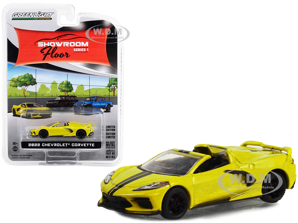 2022 Chevrolet Corvette C8 Convertible Accelerate Yellow Metallic with Black Stripes "Showroom Floor" Series 1 1/64 Diecast Model Car by Greenlight