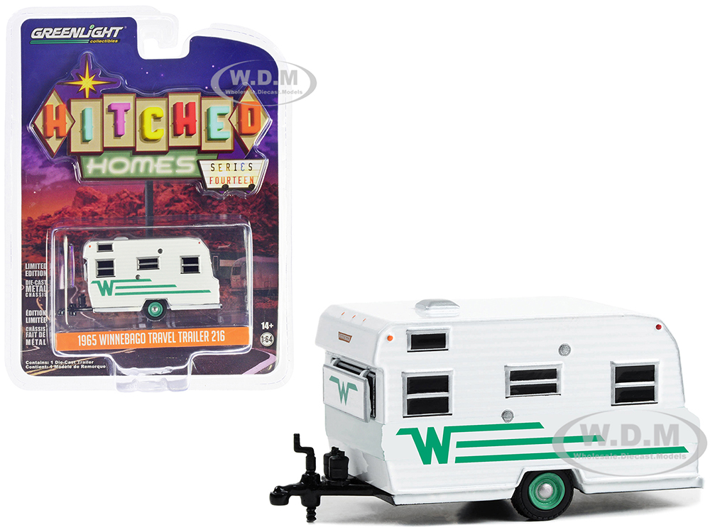 1965 Winnebago Travel Trailer 216 White with Green Stripes "Hitched Homes" Series 14 1/64 Diecast Model by Greenlight