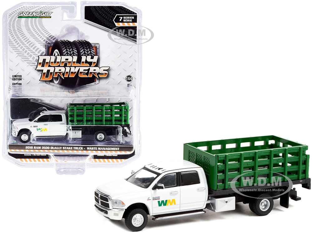 2018 RAM 3500 Dually Stake Truck Waste Management White and Green Dually Drivers Series 7 1/64 Diecast Model Car by Greenlight