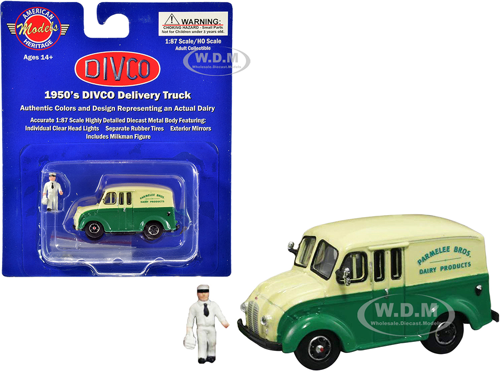 Image of 1950s Divco Delivery Truck Green and Yellow "Parmelee Bros. Dairy Products" with Milkman Figurine and Carrier 1/87 (HO) Scale Diecast Model by Americ