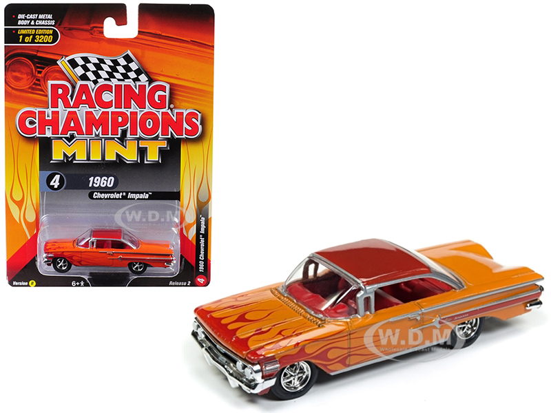 1960 Chevrolet Impala Orange with Red Flames Limited Edition to 3200 pieces Worldwide 1/64 Diecast Model Car by Racing Champions