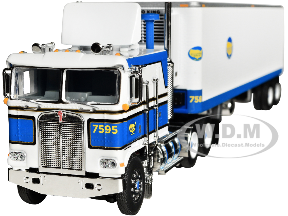 Kenworth K100 COE Flat Top with Vintage Air Foil and 40 Vintage Refrigerated Trailer Blue and White Shaffer Trucking 1/64 Diecast Model by DCP/First Gear