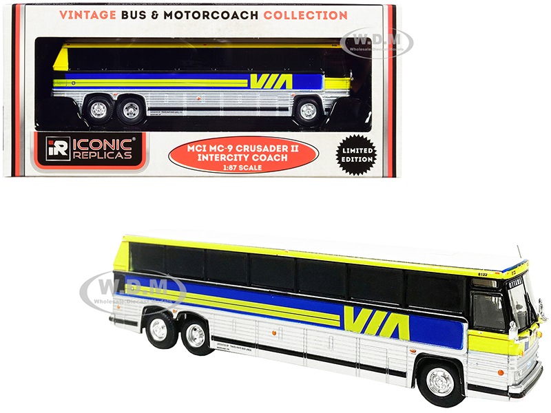 1980 MCI MC-9 Crusader II Intercity Coach Bus Via Rail (Canada) Yellow and Silver with Blue Stripes Vintage Bus & Motorcoach Collection 1/87 (HO) Diecast Model by Iconic Replicas