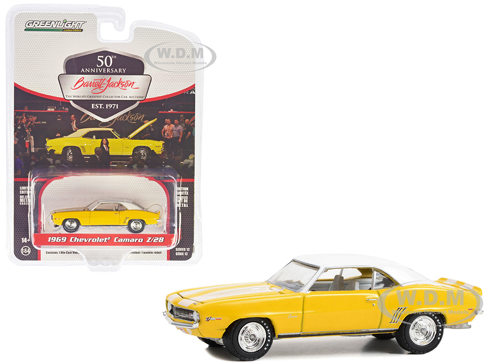 1969 Chevrolet Camaro Z/28 Daytona Yellow with White Stripes Top and Interior (Lot #1043) Barrett Jackson Scottsdale Edition Series 12 1/64 Diecast Model Car by Greenlight