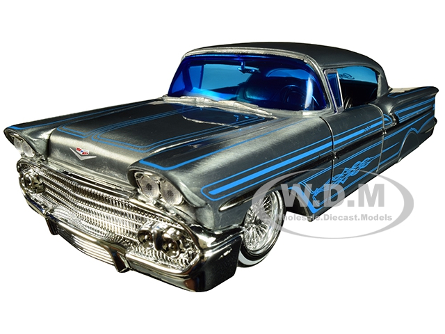 Image of 1958 Chevrolet Impala Raw Metal with Blue Line Details "Street Low" "Jada 20th Anniversary" 1/24 Diecast Model Car by Jada