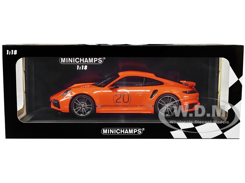 2021 Porsche 911 Turbo S with SportDesign Package 20 Orange with Silver Stripes Limited Edition to 504 pieces Worldwide 1/18 Diecast Model Car by Min