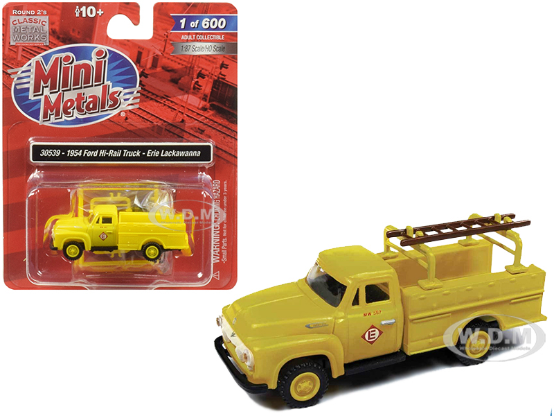 1954 Ford Hi-Rail Truck "Erie Lackawanna" Yellow with Accessories 1/87 (HO) Scale Model by Classic Metal Works