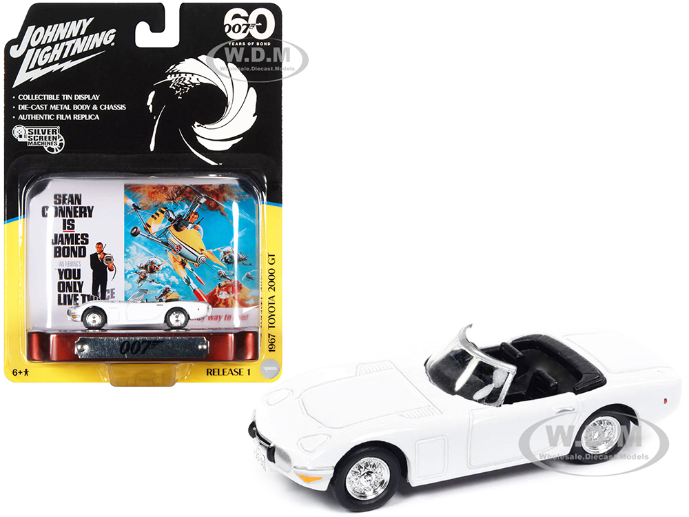 1967 Toyota 2000 GT Convertible RHD (Right Hand Drive) White 007 (James Bond) You Only Live Twice (1967) Movie with Collectible Tin Display Silver Screen Machines Series 1/64 Diecast Model Car by Johnny Lightning