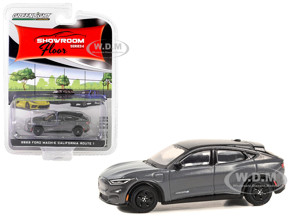 2023 Ford Mustang Mach-E California Route 1 Carbonized Gray Metallic with Black Top "Showroom Floor" Series 4 1/64 Diecast Model Car by Greenlight