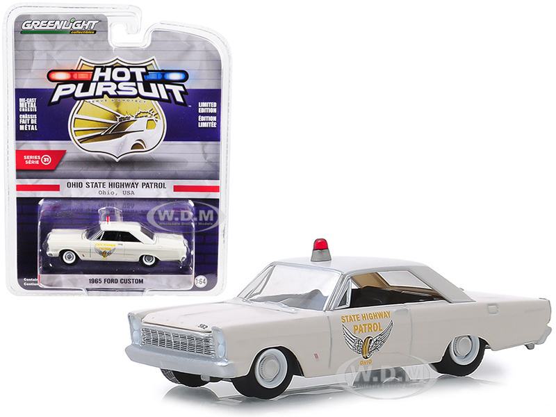Image of 1965 Ford Custom "Ohio State Highway Patrol" Cream "Hot Pursuit" Series 31 1/64 Diecast Model Car by Greenlight