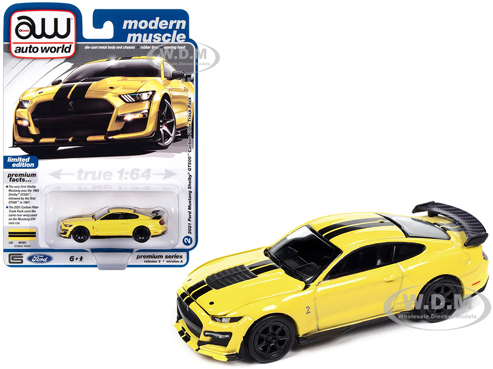 2021 Ford Mustang Shelby GT500 Carbon Fiber Track Pack Grabber Yellow with Black Stripes Modern Muscle Limited Edition 1/64 Diecast Model Car by Auto World