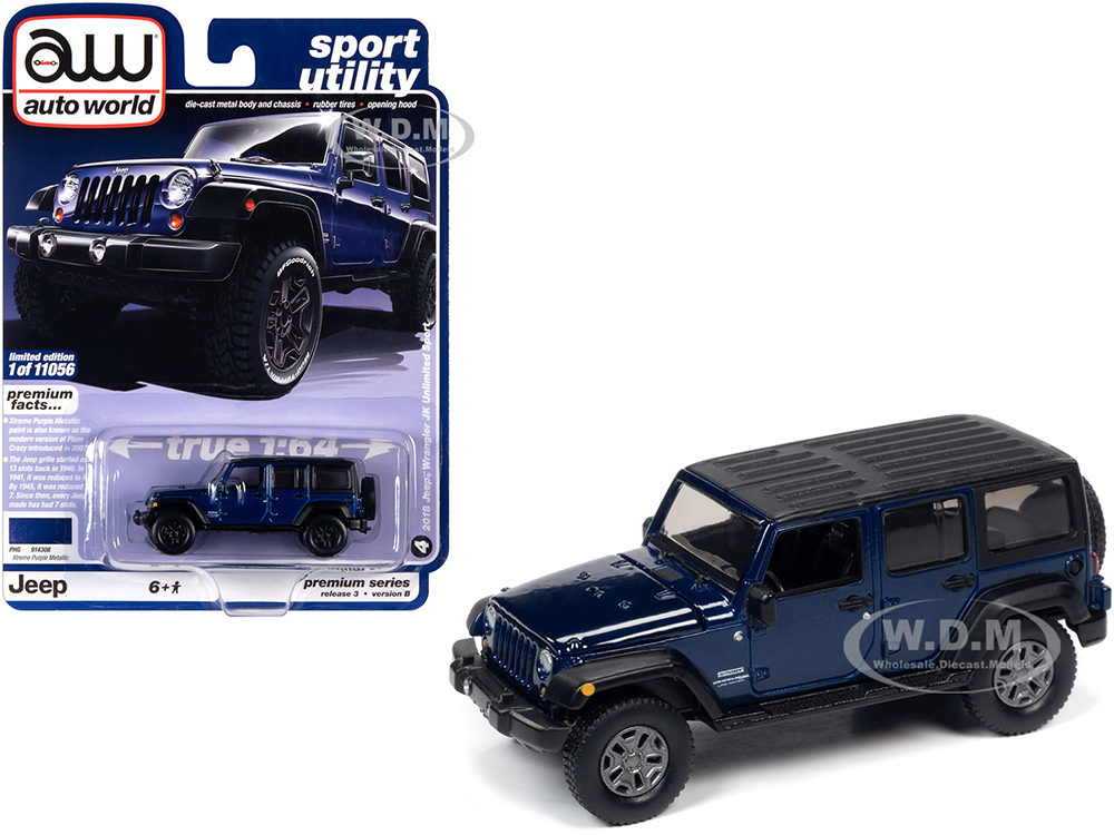 Image of 2018 Jeep Wrangler JK Unlimited Sport (4-Door) Xtreme Purple Metallic with Black Top "Sport Utility" Limited Edition to 11056 pieces Worldwide 1/64 D
