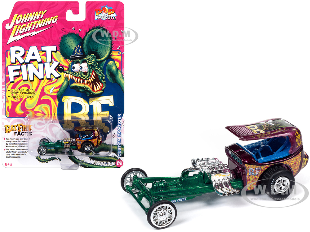 Custom Dragster Purple and Green "Rat Fink" "Pop Culture" 2023 Release 3 1/64 Diecast Model Car by Johnny Lightning