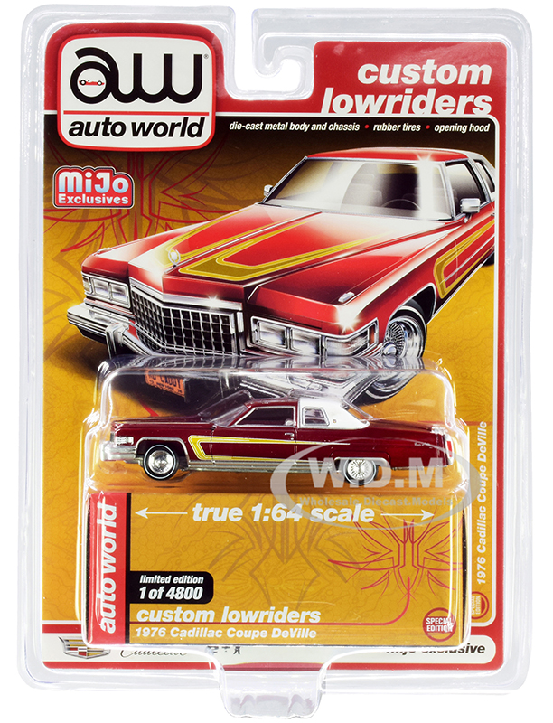 1976 Cadillac Coupe DeVille Burgundy and White with Chrome Wheels "Custom Lowriders" Limited Edition to 4800 pieces Worldwide 1/64 Diecast Model Car