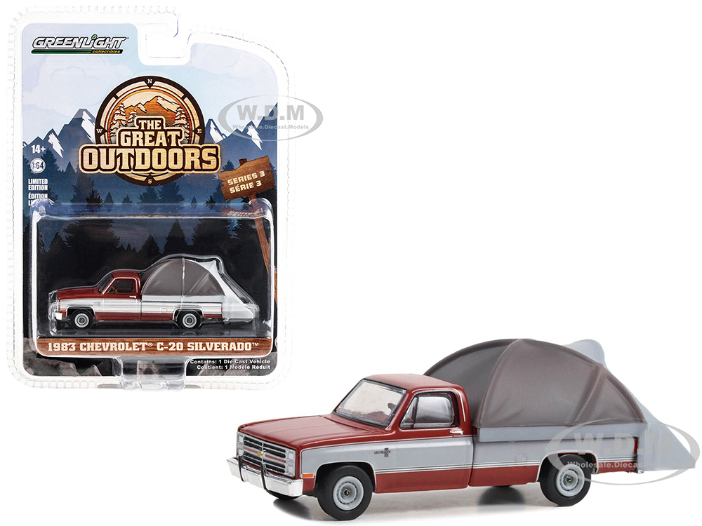 1983 Chevrolet C-20 Silverado Pickup Truck Carmine Red and Silver Metallic with Modern Truck Bed Tent "The Great Outdoors" Series 3 1/64 Diecast Mode