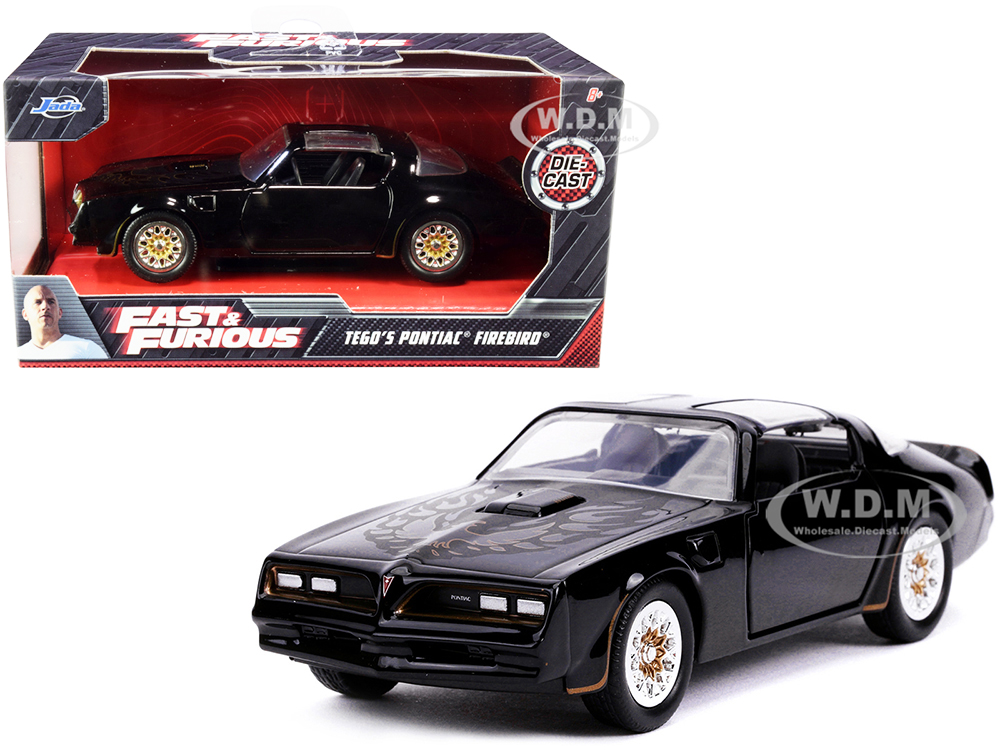 Tegos Pontiac Firebird Black with Gold Stripes and Hood Bird Fast & Furious Series 1/32 Diecast Model Car by Jada