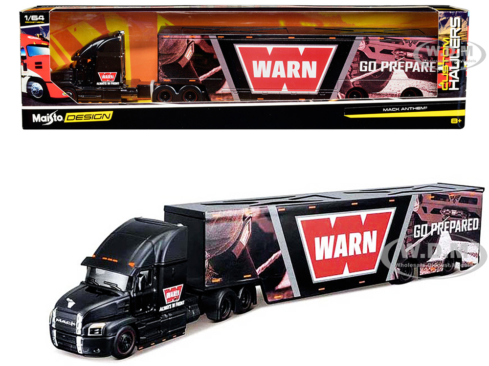 Mack Anthem Enclosed Car Transporter WARN - Go Prepared Black with Graphics Custom Haulers Series 1/64 Diecast Model by Maisto