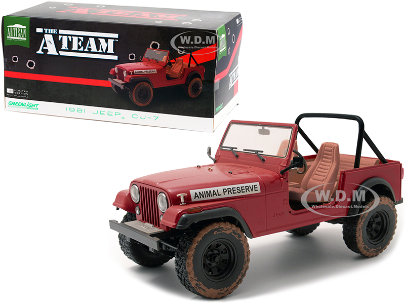 1981 Jeep CJ-7 "Animal Preserve" Red (Dirty Version) "The A-Team" (1983-1987) TV Series 1/18 Diecast Model Car by Greenlight