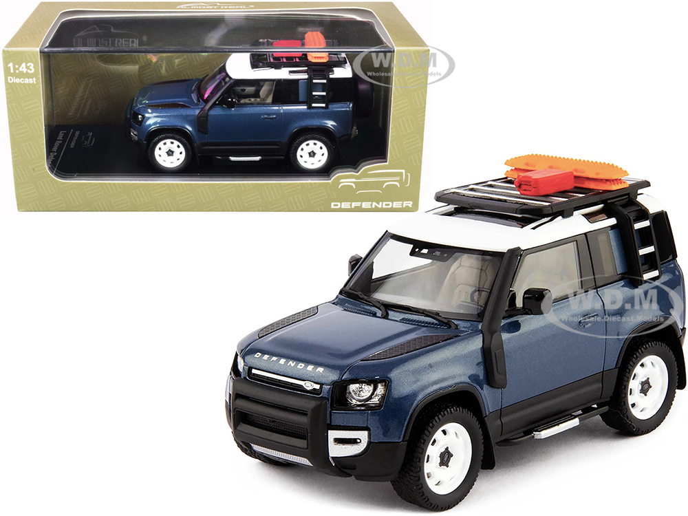 2020 Land Rover Defender 90 2-Door with Roof Rack and Accessories Tasman Blue Metallic 1/43 Diecast Model Car by Almost Real