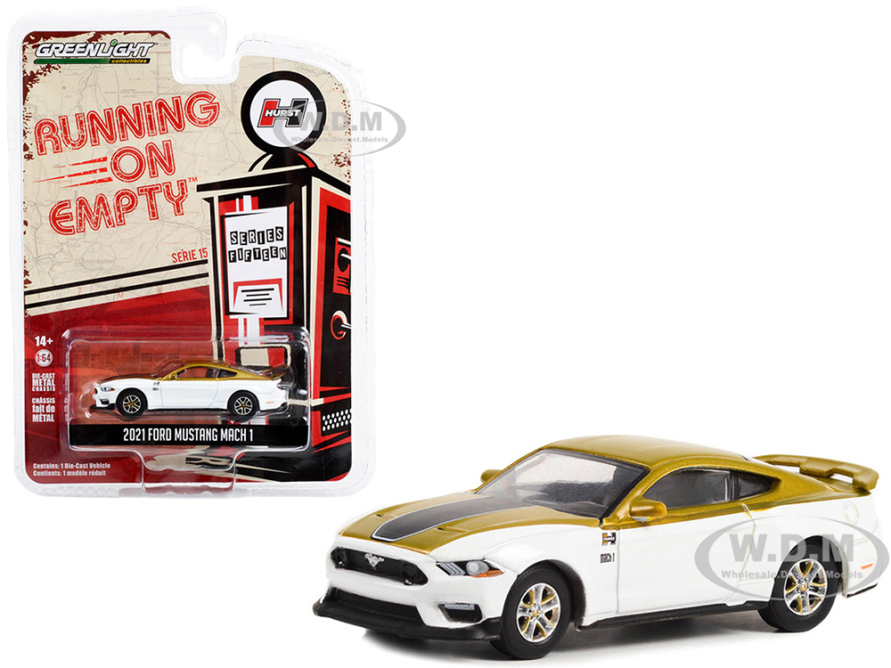 2021 Ford Mustang Mach 1 White and Gold with Black Stripe Hurst Performance Running on Empty Series 15 1/64 Diecast Model Car by Greenlight