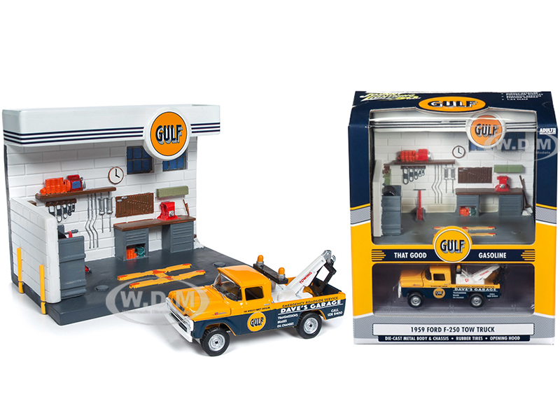 Image of 1959 Ford F-250 Tow Truck and "Gulf" Service Station Diorama Set 1/64 Diecast Model by Johnny Lightning