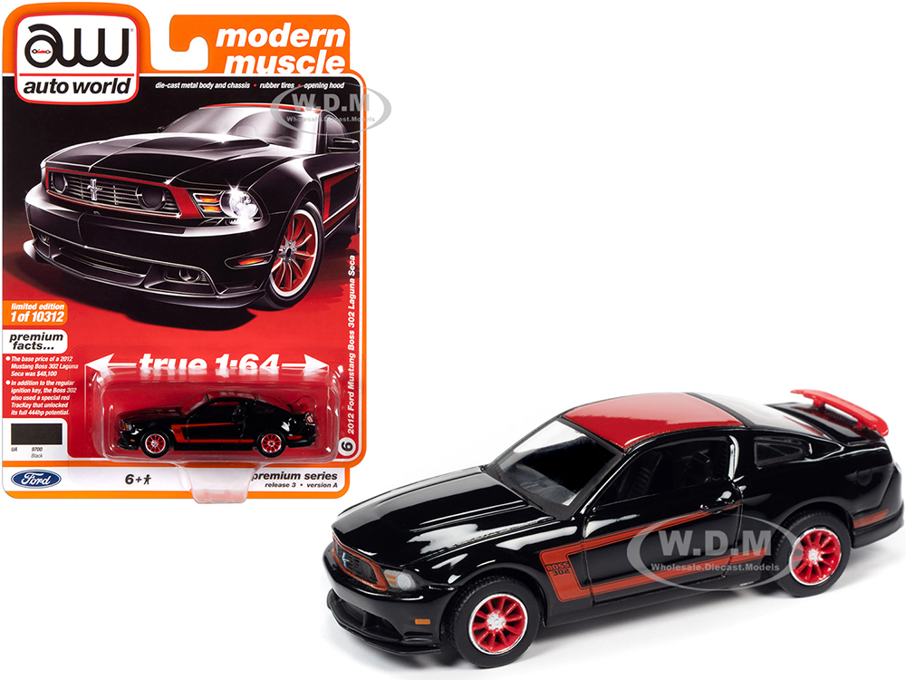 Image of 2012 Ford Mustang Boss 302 Laguna Seca Black and Red with Red Wheels "Modern Muscle" Limited Edition to 10312 pieces Worldwide 1/64 Diecast Model Car