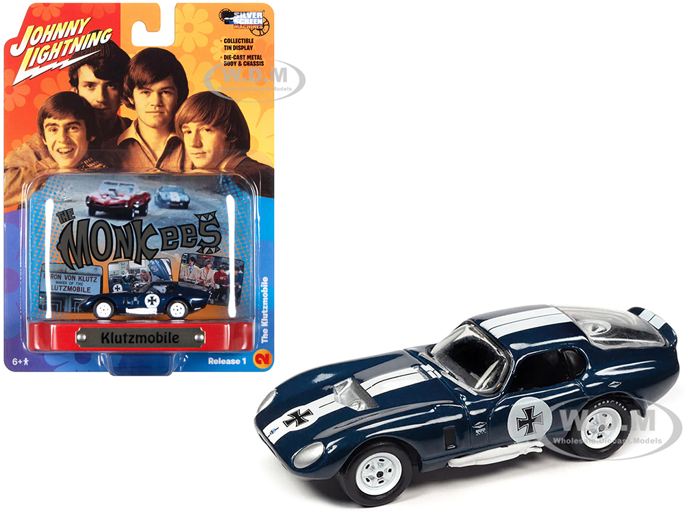 Shelby Cobra Daytona Klutzmobile Blue Metallic with White Stripes The Monkees with Collectible Tin Display Silver Screen Machines Series 1/64 Diecast Model Car by Johnny Lightning