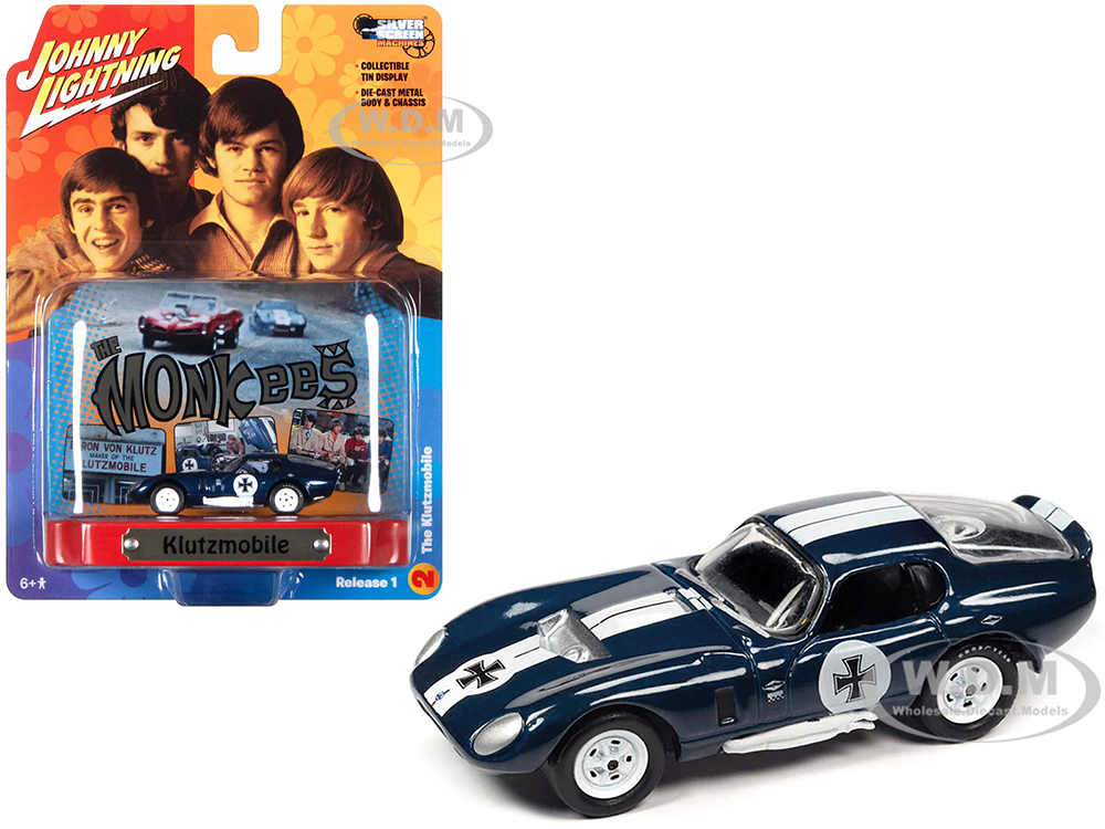 Shelby Cobra Daytona "Klutzmobile" Blue Metallic with White Stripes "The Monkees" with Collectible Tin Display "Silver Screen Machines" Series 1/64 D