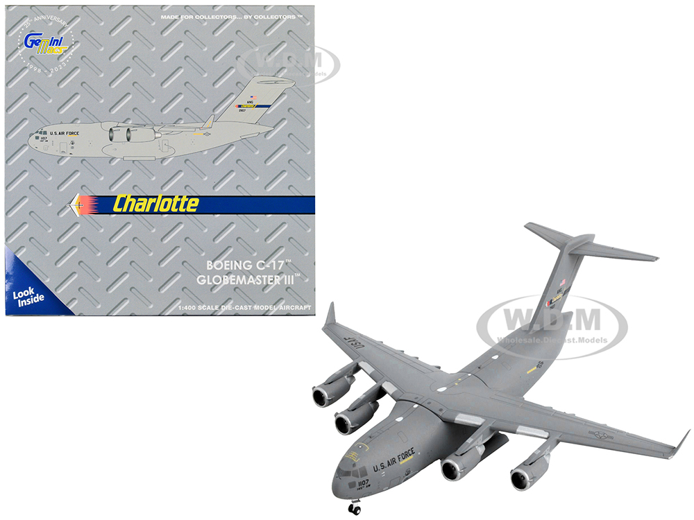 Boeing C-17 Globemaster III Transport Aircraft Charlotte Air National Guard - United States Air Force Gray Gemini Macs Series 1/400 Diecast Model Airplane by GeminiJets