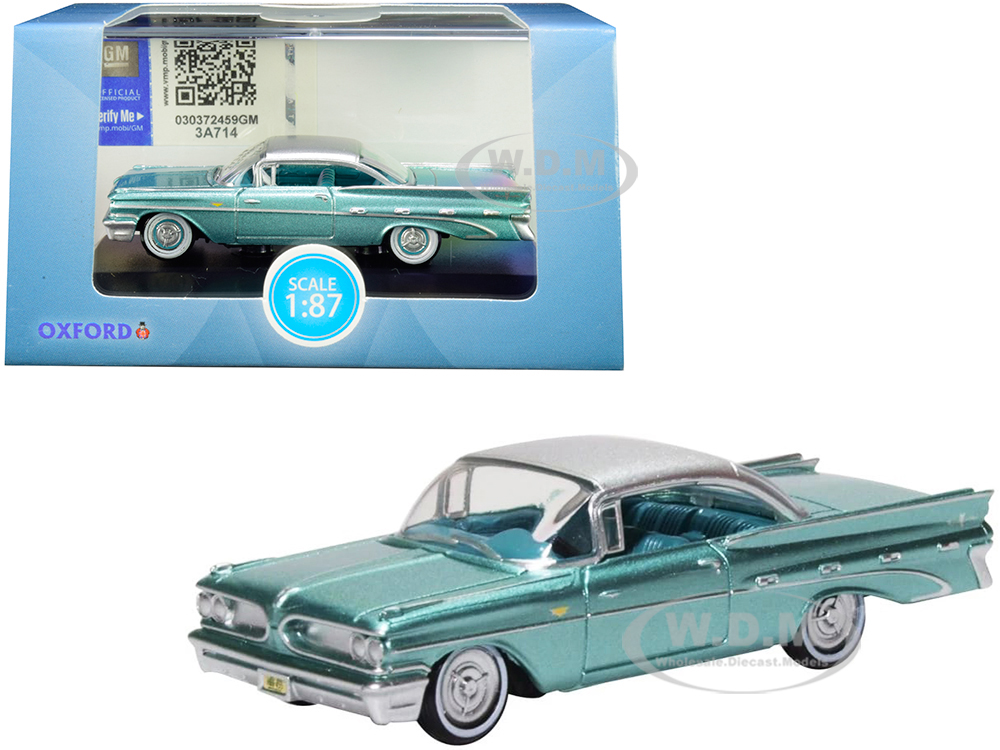 1959 Pontiac Bonneville Coupe Seaspray Green with Silver Top 1/87 (HO) Scale Diecast Model Car by Oxford Diecast