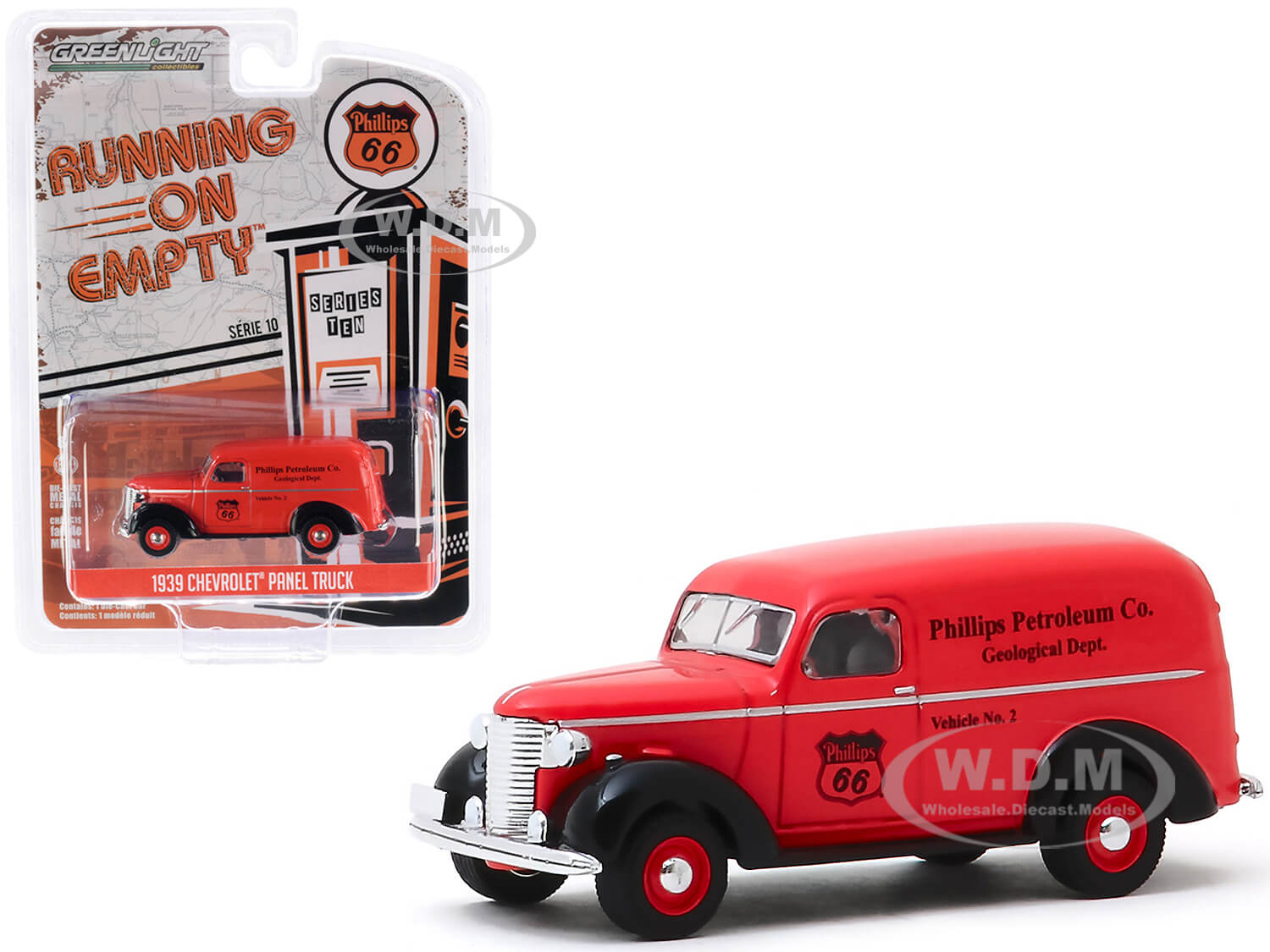 Image of 1939 Chevrolet Panel Truck "Phillips 66" "Phillips Petroleum Co. Geological Dept" "Running on Empty" Series 10 1/64 Diecast Model Car by Greenlight