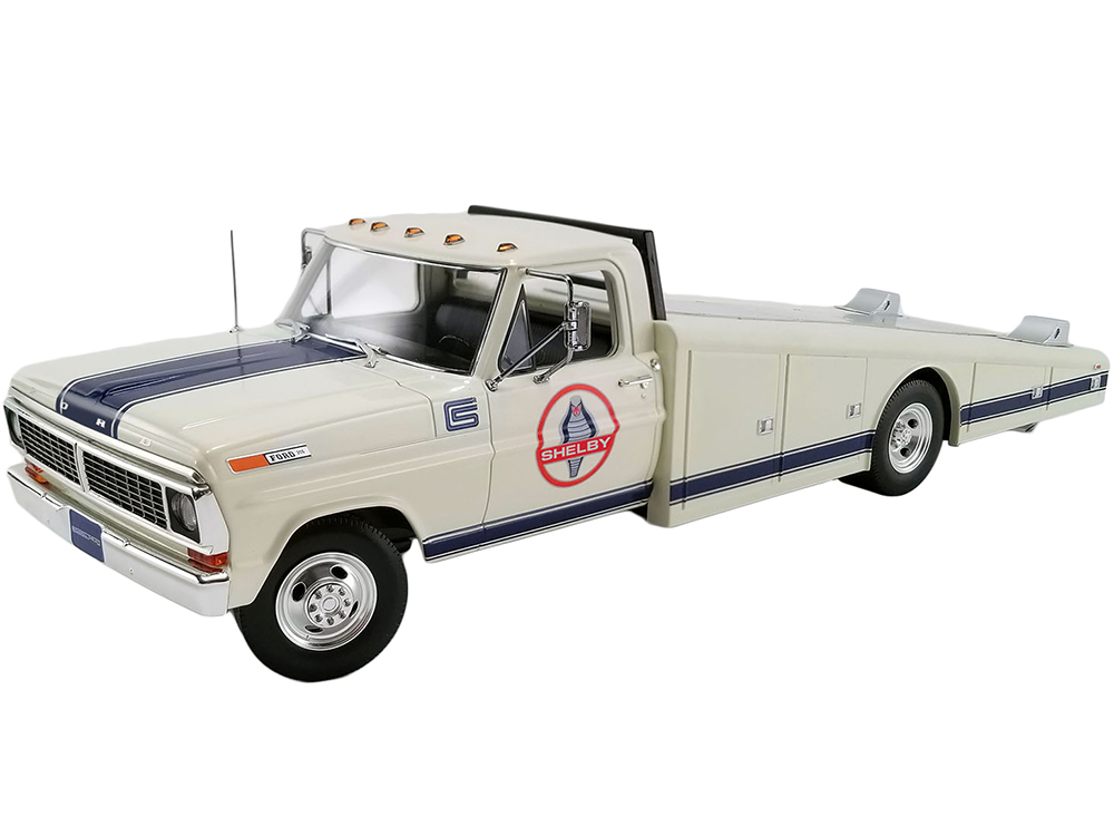 1970 Ford F-350 Ramp Truck "shelby" White With Blue Stripes 1/18 Diecast Model Car By Acme