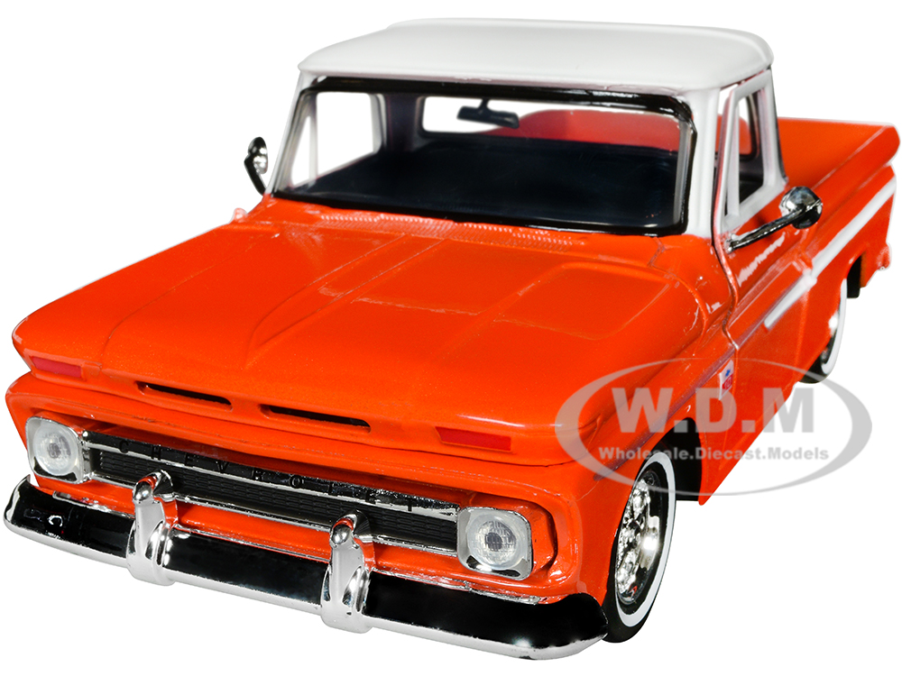 1966 Chevrolet C10 Fleetside Pickup Truck Lowrider Orange Metallic with White Top Get Low Series 1/24 Diecast Model Car by Motormax