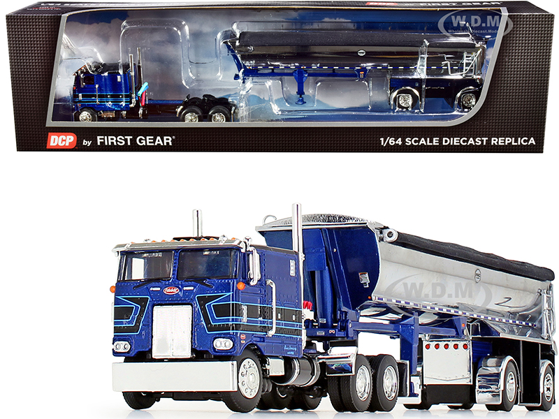 Image of Peterbilt 352 COE 110" Sleeper Cab with MAC Half Round End Dump Spread-Axle Trailer "Blue Leasing" Blue Metallic and Chrome 1/64 Diecast Model by DCP