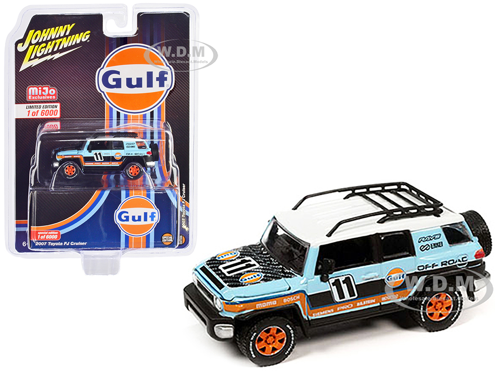 2007 Toyota FJ Cruiser 11 Light Blue "Gulf Oil" with Roofrack Limited Edition to 6000 pieces Worldwide 1/64 Diecast Model Car by Johnny Lightning