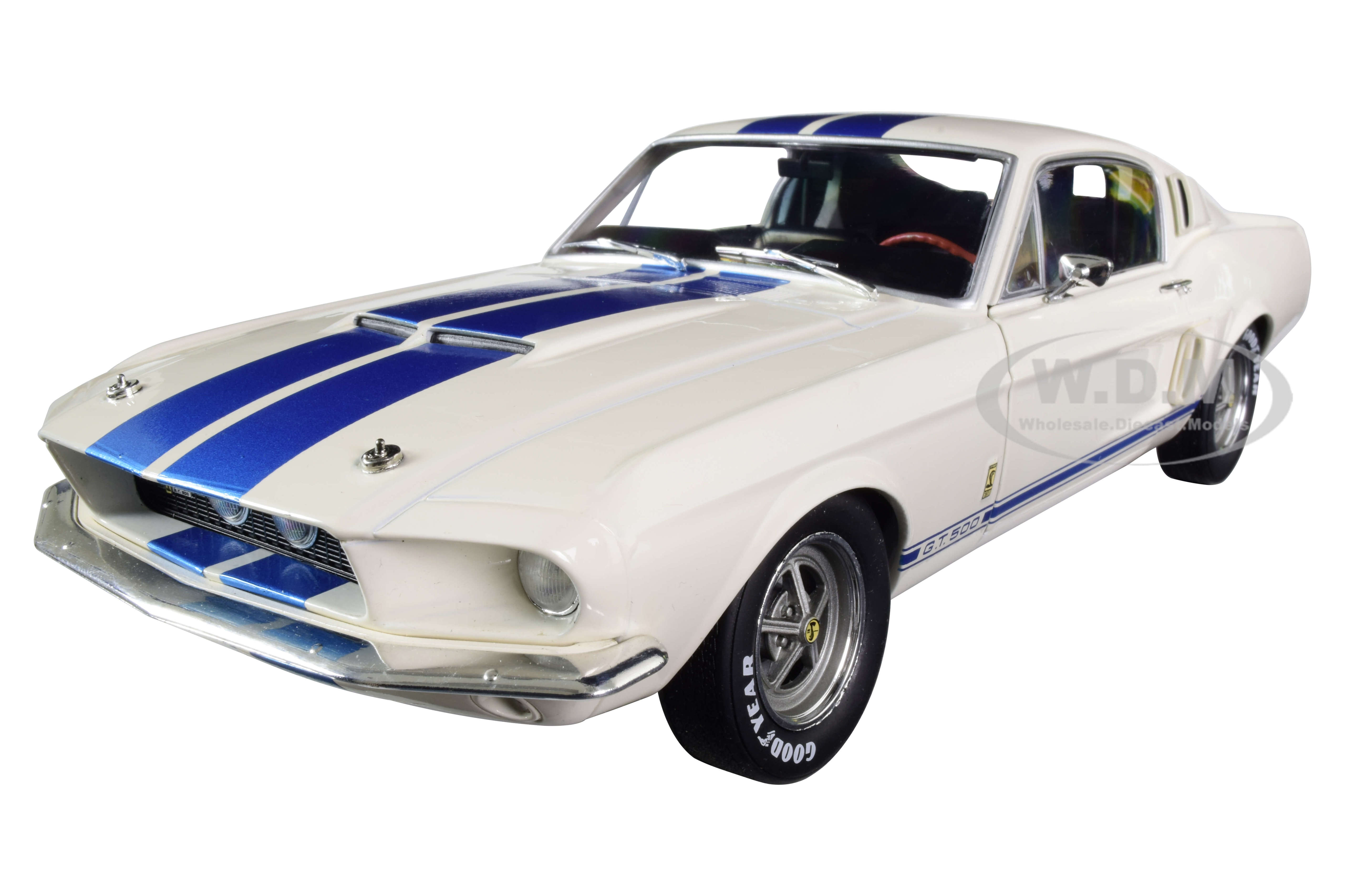 1967 Ford Mustang Shelby GT500 White with Light Blue Stripes 1/18 Diecast Model Car by Solido