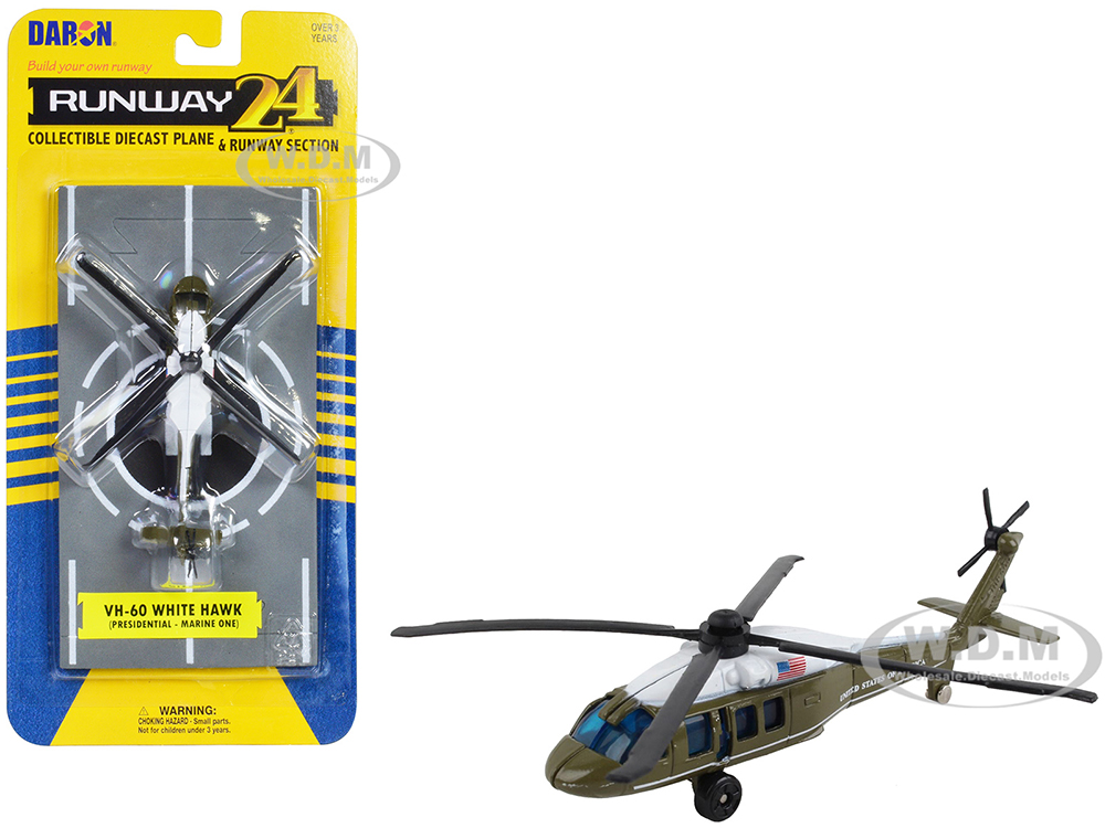 Sikorsky VH-60 White Hawk Helicopter Olive Drab With White Top United States Presidential Helicopter - Marine One With Runway Section Diecast Model