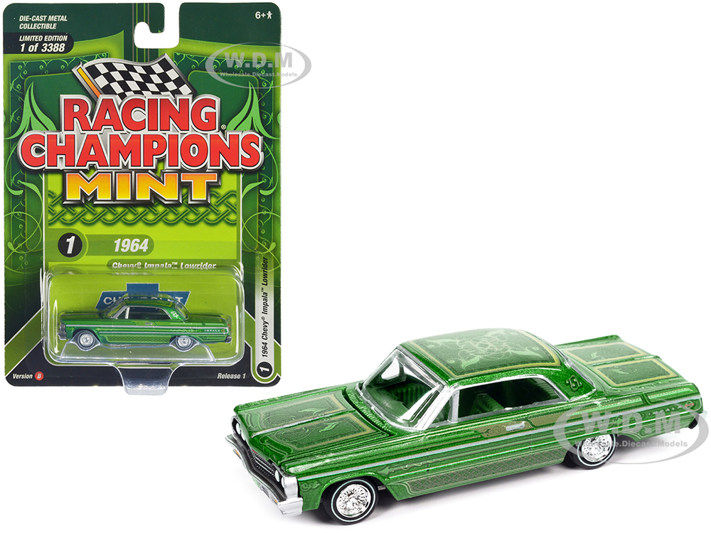 1964 Chevrolet Impala Lowrider Green Metallic With Graphics And Green Interior Racing Champions Mint 2023 Release 1 Limited Edition To 3388 Pieces