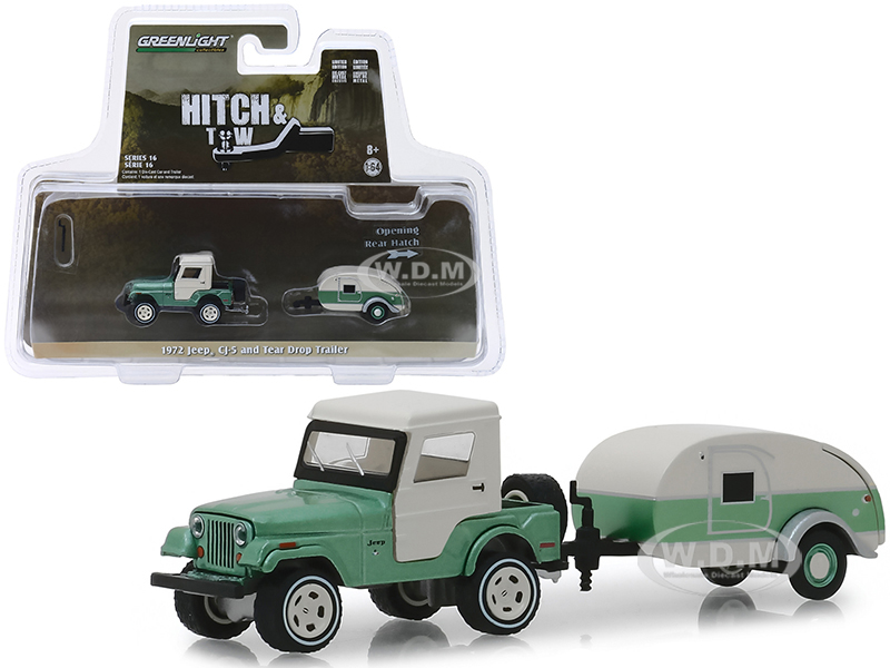 1972 Jeep Cj-5 Half-cab And Teardrop Trailer Metallic Green And Cream "hitch & Tow" Series 16 1/64 Diecast Models By Greenlight