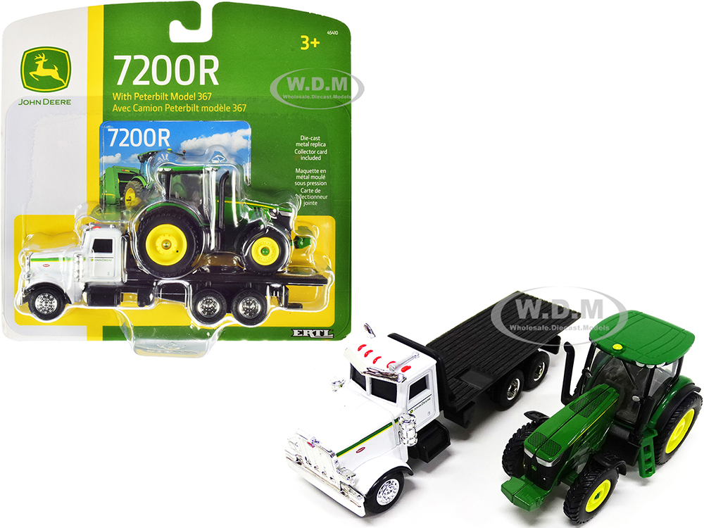 Image of Peterbilt 367 Flatbed Truck White with John Deere 7200R Tractor 1/64 Diecast Models by ERTL TOMY