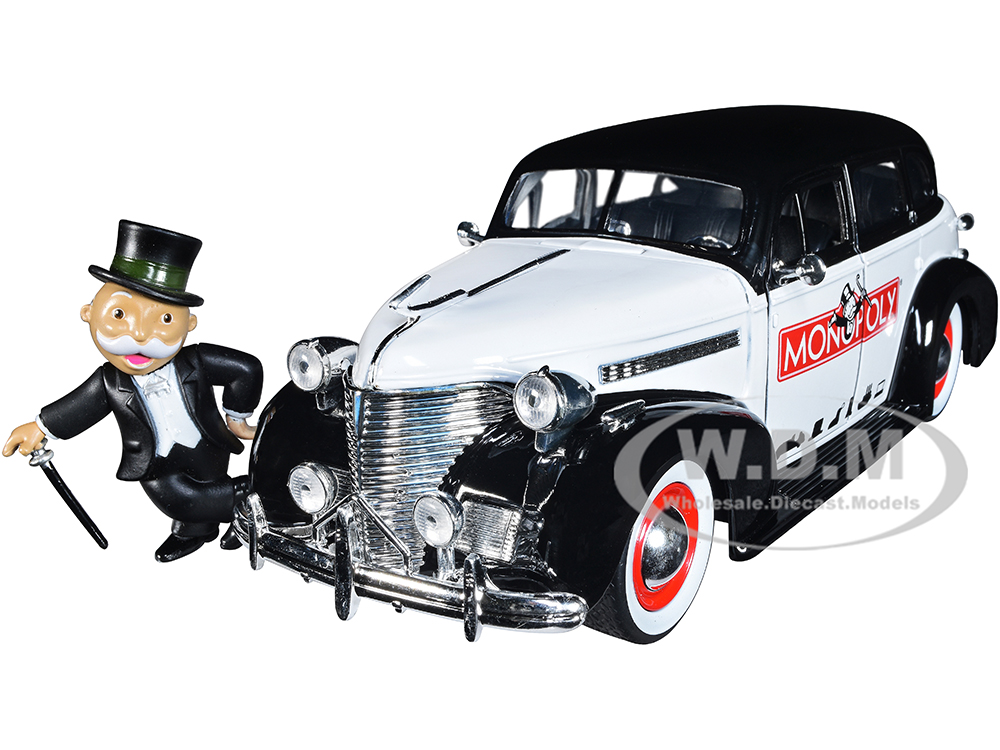 1939 Chevrolet Master Deluxe Black and White "Monopoly" and Mr. Monopoly Diecast Figure "Hollywood Rides" Series 1/24 Diecast Model Car by Jada