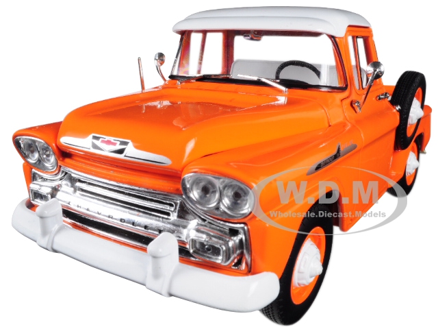 Image of 1958 Chevrolet Apache Stepside Pickup Truck Orange with White Top Limited Edition to 5880 pieces Worldwide 1/24 Diecast Model Car by M2 Machines
