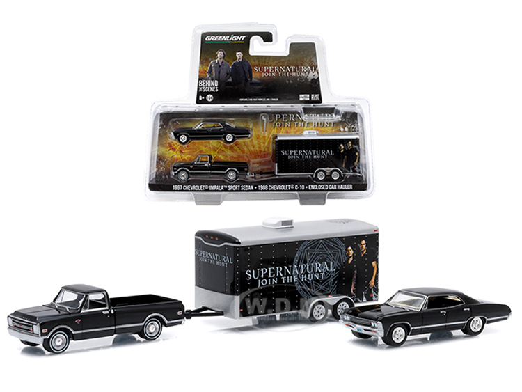 1968 Chevy C-10 Pickup And 1967 Chevrolet Impala 4 Doors With Enclosed Car Hauler Set "supernatural" Series 1/64 Diecast Model Cars By Greenlight