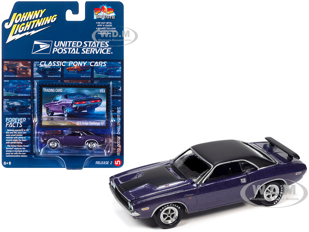 1970 Dodge Challenger R/T Plum Crazy Purple Metallic with Black Top and Hood USPS (United States Postal Service) Pop Culture 2023 Release 2 1/64 Diecast Model Car by Johnny Lightning