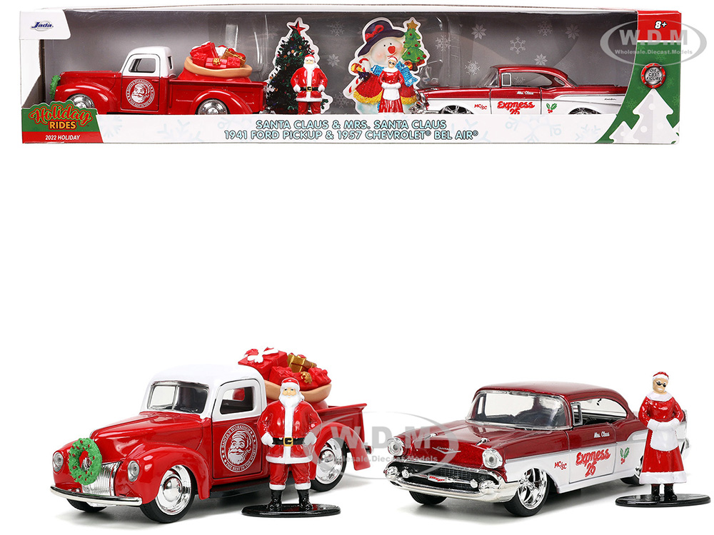 1941 Ford Pickup Truck Red and White "Santas Workshop" and 1957 Chevrolet Bel Air Red Metallic and White "Express 25" with Mr. and Mrs. Santa Claus D