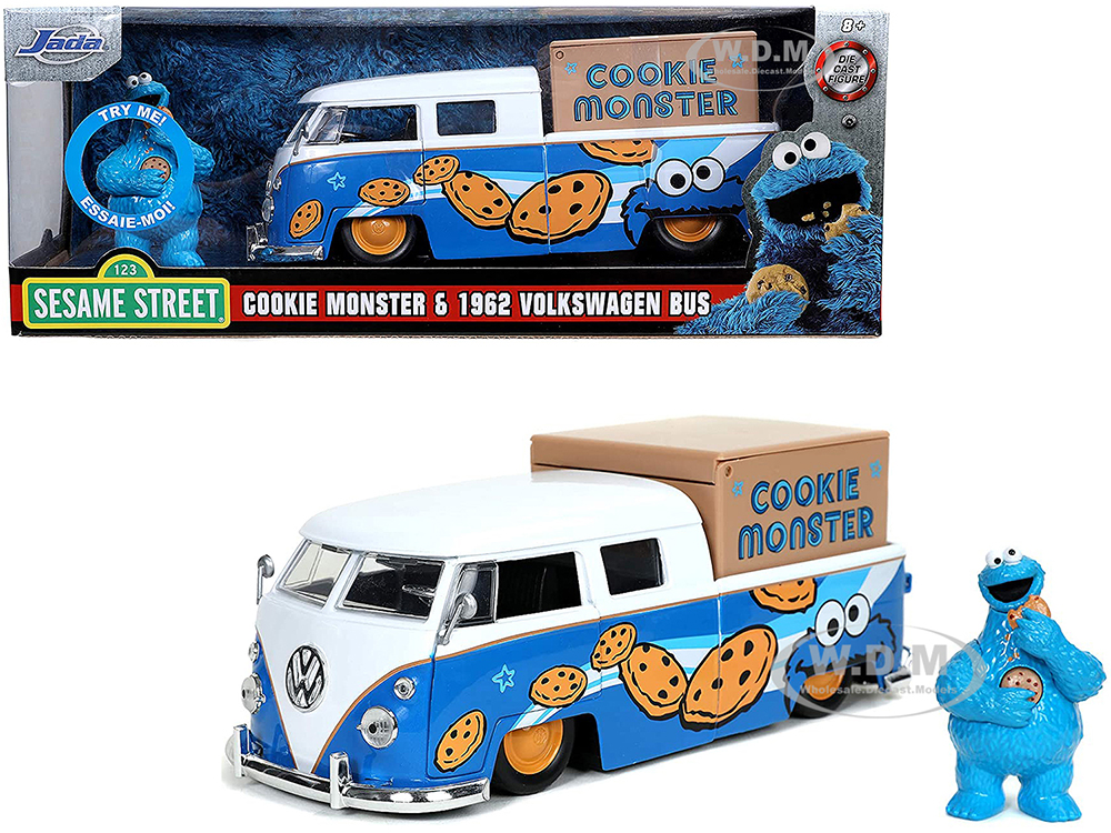 Image of 1962 Volkswagen Pickup Bus with Cookie Monster Diecast Figurine with Sound "Sesame Street" TV Series 1/24 Diecast Model Car by Jada