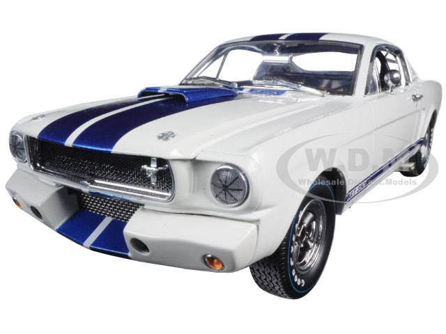 1965 Ford Mustang Shelby GT350R White with Blue Stripes and Printed Carroll Shelbys Signature on the Roof 1/18 Diecast Model Car by Shelby Collectibles