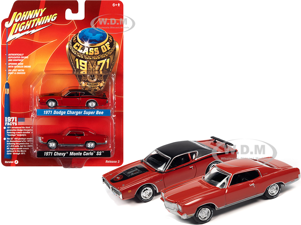 1971 Dodge Charger Super Bee Red with Black Top and 1971 Chevrolet Monte Carlo SS Cranberry Red Class of 1971 Set of 2 Cars 1/64 Diecast Model Cars by Johnny Lightning